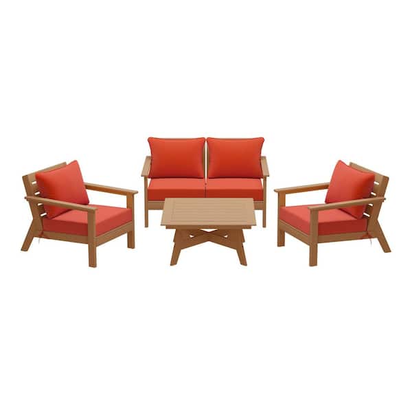 WESTIN OUTDOOR Birchwood Teak Arrangeable 5-Piece Outdoor Patio HDPE Deep Seating Conversation Lounge Set w/ Orange Cushions