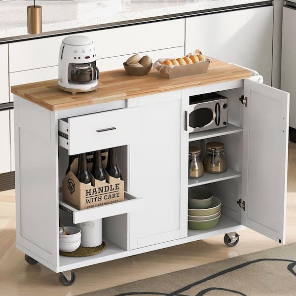 White Rubber Wood Kitchen Cart with Towel Rack and Drawer