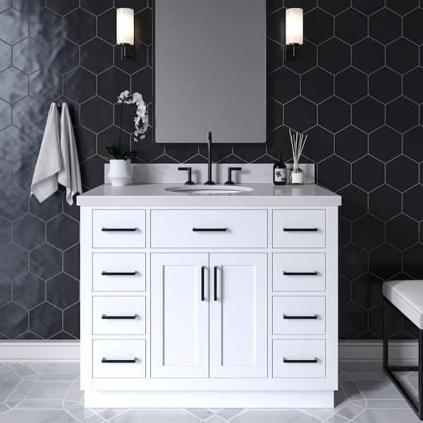 ARIEL Hepburn 42 in. W x 22 in. D x 36 in. H Single Sink Freestanding Bath Vanity in White with Carrara Quartz Top
