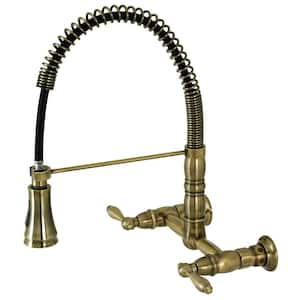 Heritage 2-Handle Wall Mount Pull Down Sprayer Kitchen Faucet in Antique Brass