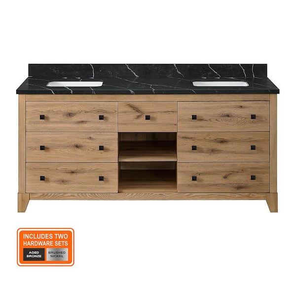 Burwood 72 in. Double Sink Seadrift Bath Vanity with Black Marquina Quartz Top (Assembled)