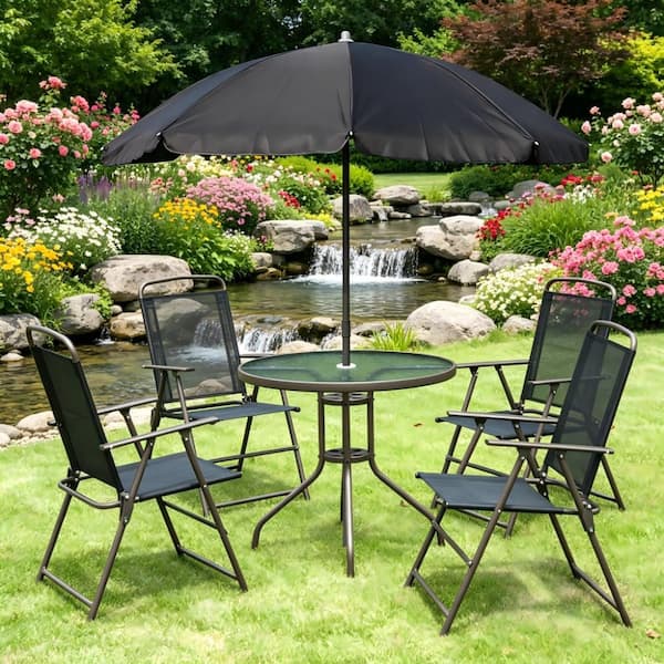 4 chair table and umbrella patio set 38 Inch Square Metal Dining for Create the perfect outdoor gathering space with this complete dining set that includes a round table Black 6-Piece Metal Outdoor Dining