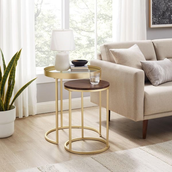 Walker Edison Furniture Company 2-Piece Glass and Wood Dark Walnut Round Nesting Side Table Set