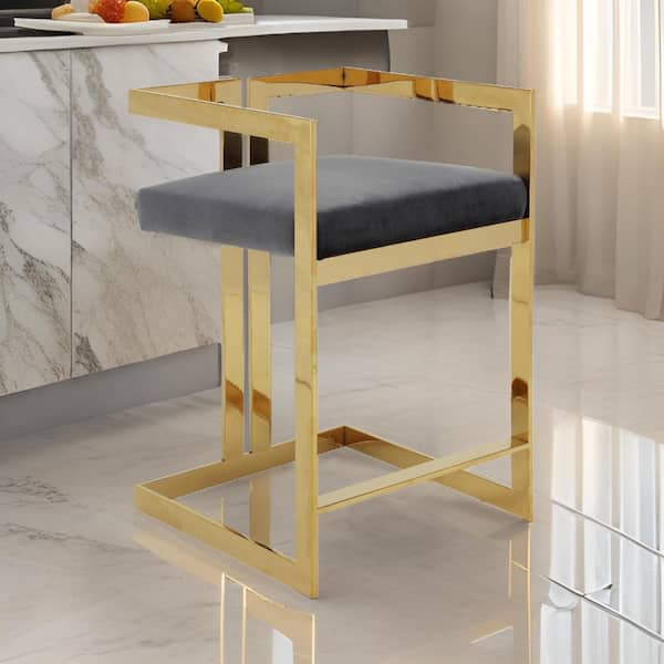 Benjara 25.5 in. Gold and Gray Low Back Metal Frame Bar Stool with Velvet Seat