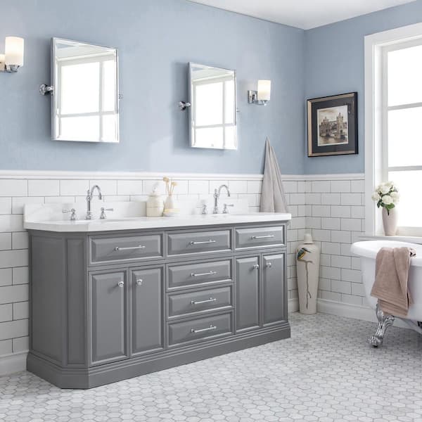 Palace 72 in. W x 22 in. D x 34 in. H Double Sink Bath Vanity in Cashmere Grey with Carrara White Quartz Top and Faucets