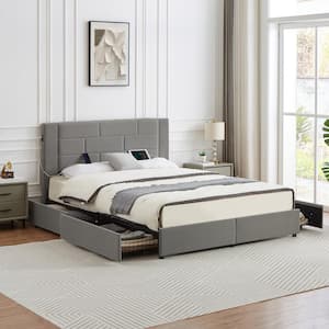 Upholstered Bed Deep Gray Metal Frame Full Platform Bed with USB Charging, Drawers & No Boxspring Needed, Easy Assembly