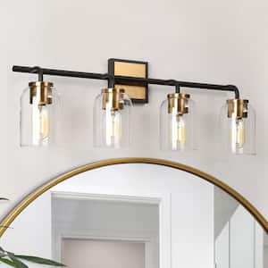 27.5 in. Modern 4-Light Brass Gold Bathroom Vanity Light, Bath Lighting with Cylinder Clear Glass, Black Wall Sconce