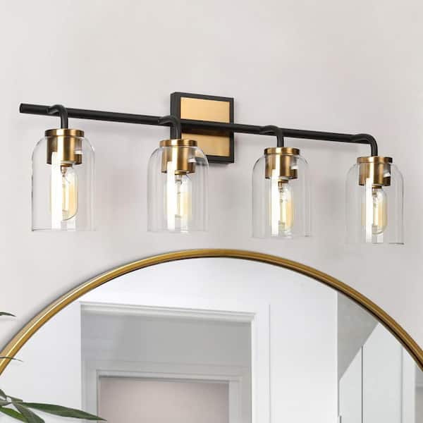 27.5 in. Modern 4-Light Brass Gold Bathroom Vanity Light, Bath Lighting with Cylinder Clear Glass, Black Wall Sconce