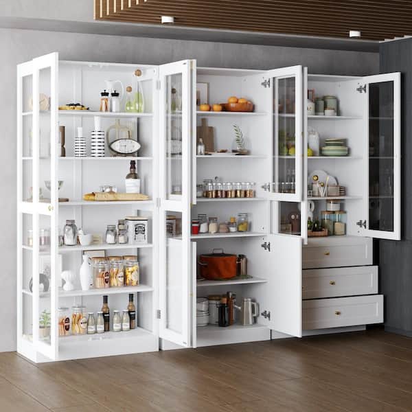 White Wood 94.5 in. W Buffet Food Pantry W/Hutch, Glass Doors, Multiple Shelves (15.7 in. D x 70.9 in. H)
