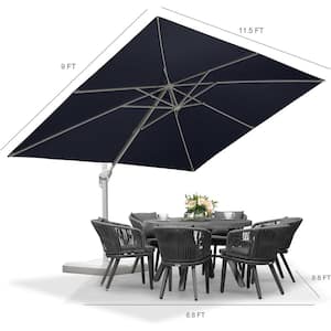 9 ft. x 11 ft. Outdoor Patio Cantilever Umbrella White Aluminum Offset 360° Rotation Umbrella with Base, Navy Blue