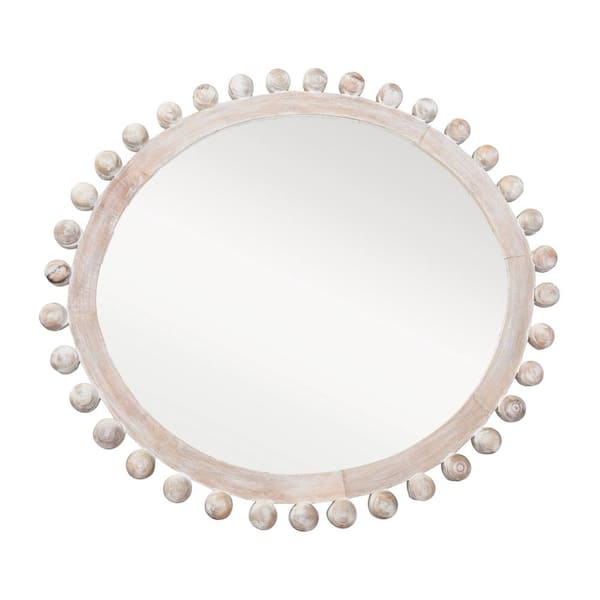 Storied Home 36.5 in. W x 39.5 in. H Round Carved Wood Whitewashed Framed Wall Mirror