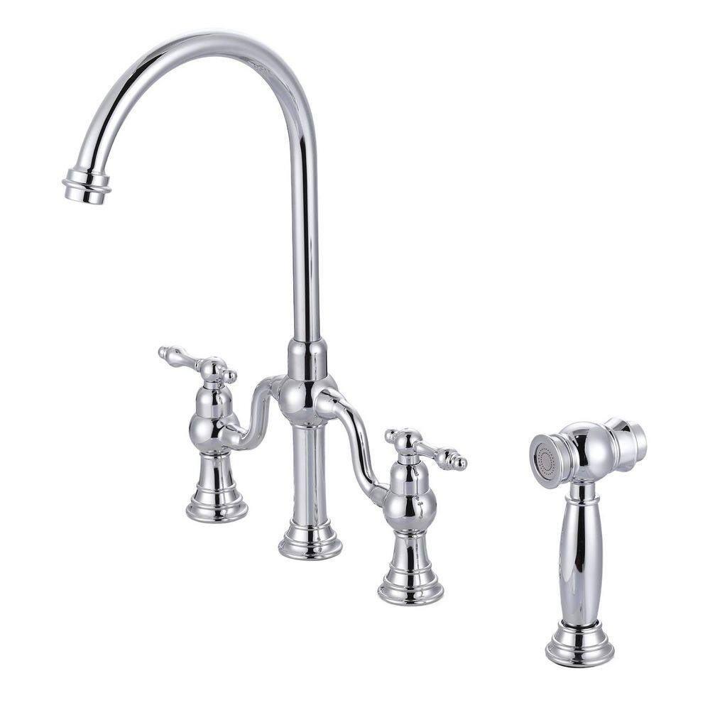 8 in. Centerset 4 Hole Double Handle Brass Bridge Kitchen Faucet with Side Sprayer in Polished Chrome price history on PriceWatchPro