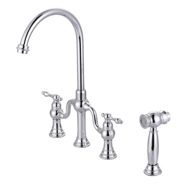 8 in. Centerset 4 Hole Double Handle Brass Bridge Kitchen Faucet with Side Sprayer in Polished Chrome