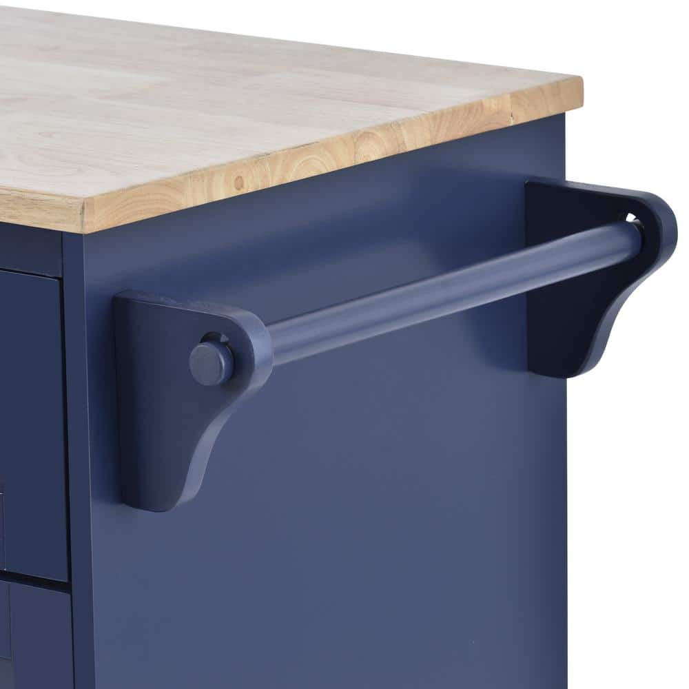 Dark Blue Wood Kitchen Cart with Spice Rack and Storage