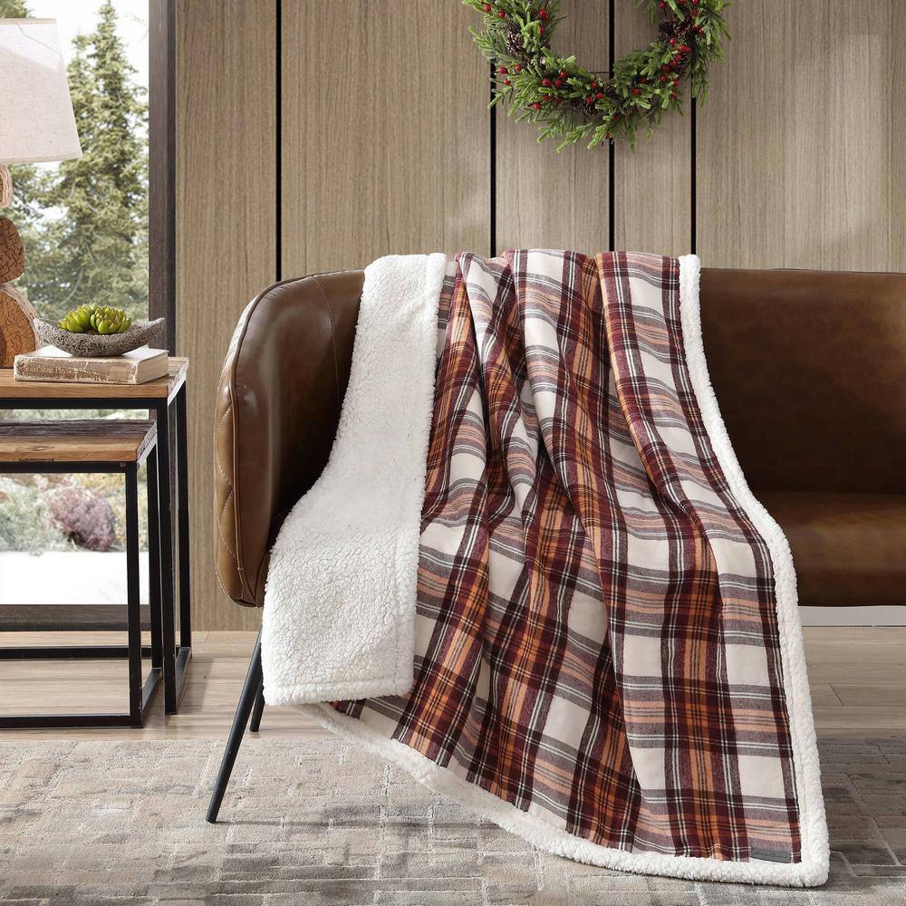 Brown Plaid Cotton Sherpa Reversible Throw Blanket
