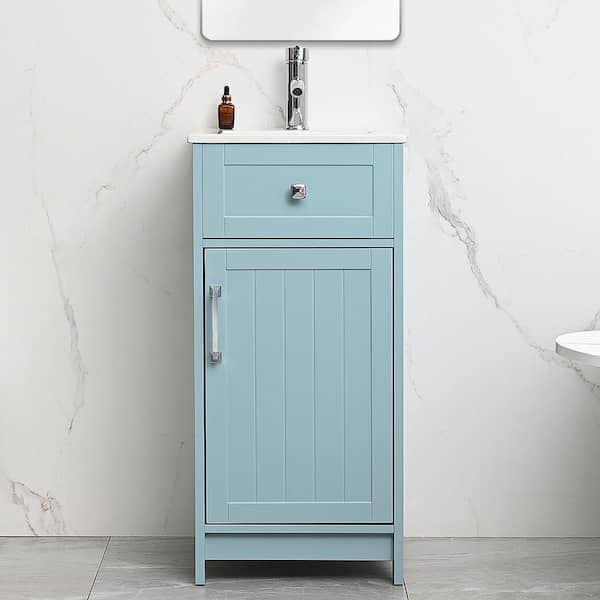 16 in. W Single Integral Sink Freestanding Bath Vanity in Ice Blue with White Ceramic Top