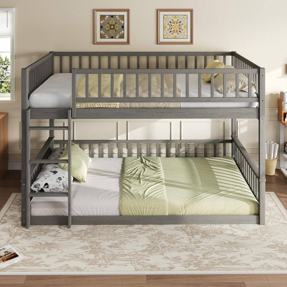 Detachable Style Gray Queen over Queen Wood Bunk Bed With Slats, Built-in Ladder, Full-Length Guardrails