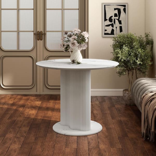 Lusine Modern Faux White Marble Engineered Wood Round 39.4 in. Pedestal Dining Table Seats 4