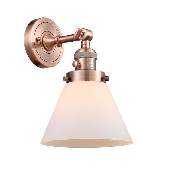 Cone 1-Light Antique Copper, Matte White Wall Sconce with White Glass Shade