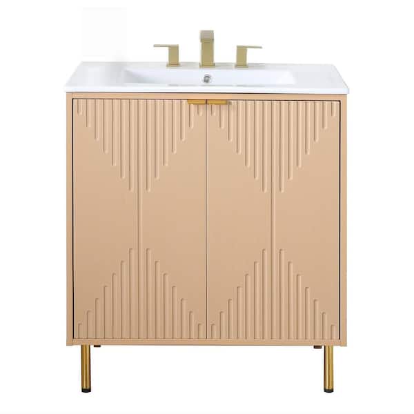 30 in. W x 18 in. D x 33 in. H. Modern Yellow oak Bathroom Vanity with White Ceramic Sink Top