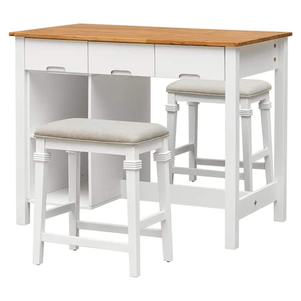 Unbranded 3-piece White Wood 45.1 in. Kitchen Island with 2-Seatings, 2-Shelves and 3-Drawers