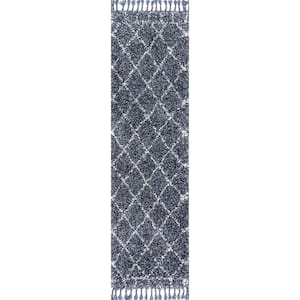 Mercer Shag Plush Tassel Moroccan Geometric Trellis Denim Blue/Cream 2 ft. x 8 ft. Runner Rug