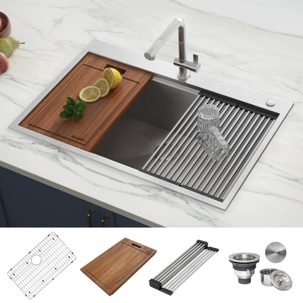Ruvati Siena Stainless Steel 16-Gauge 33 in. Single Bowl Drop-In Workstation Kitchen Sink, Brushed Stainless