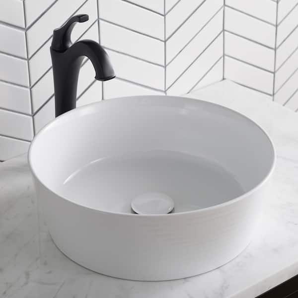 KRAUS Viva 15-3/4 in. Round Porcelain Ceramic Vessel Sink with Pop-Up Drain in White