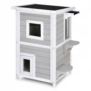Indoor Outdoor Wooden 2-Story Cat House Condo Small Pet House