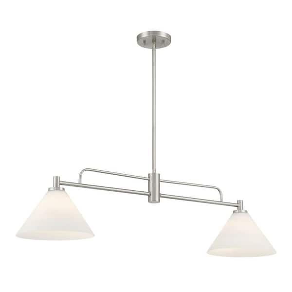 Meridian 10 in. W x 10 in. H 2-Light Brushed Nickel Transitional Chandelier with White Opal Glass Shades