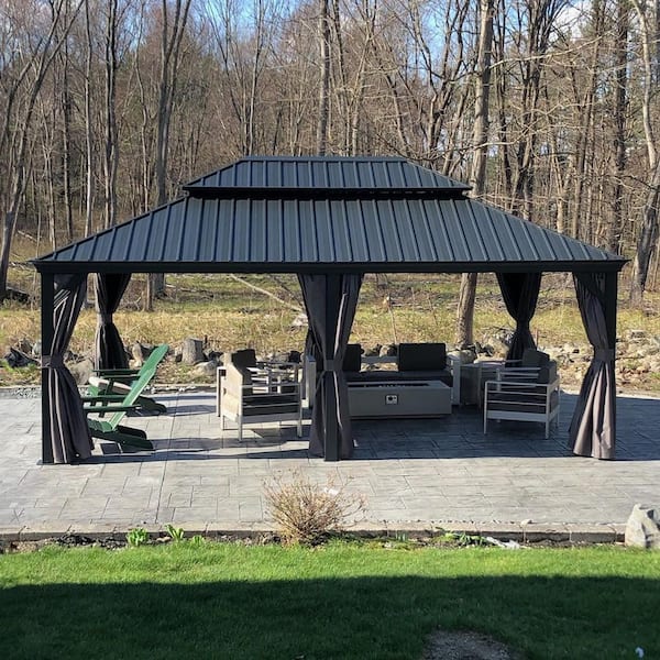 12ft. x 24ft. Gray Aluminum Power-Coated Frame Galvanized Steel Double Roof Hardtop Gazebo, Hooks, Netting, Gray Curtain