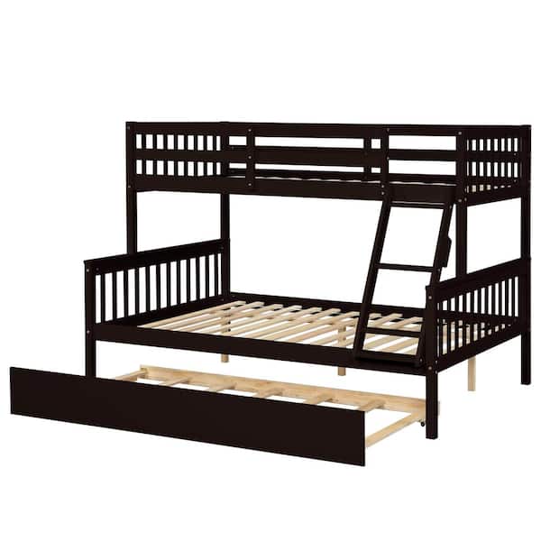 URTR Espresso Bunk Beds with Trundle Twin Over Full Detachable Wood Bunked Frame