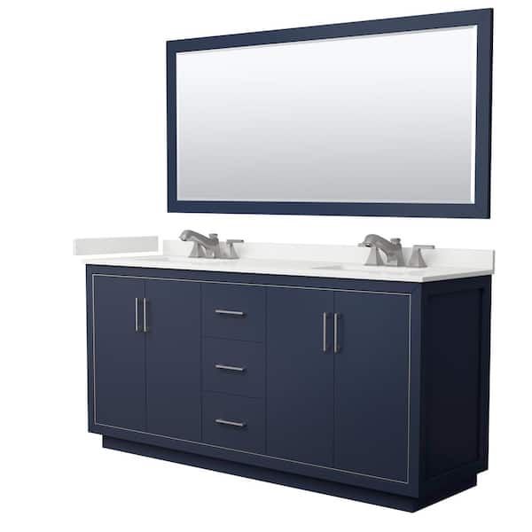 Wyndham Collection Icon 72 in. W x 22 in. D x 35 in. H Double Bath Vanity in Dark Blue with White Quartz Top and 70 in. Mirror