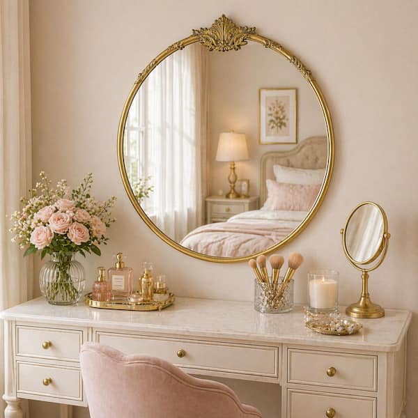 アンティーク鏡！ Deco Mirror 24 in. W x 25.5 in. H Vintage Antique Brass Round