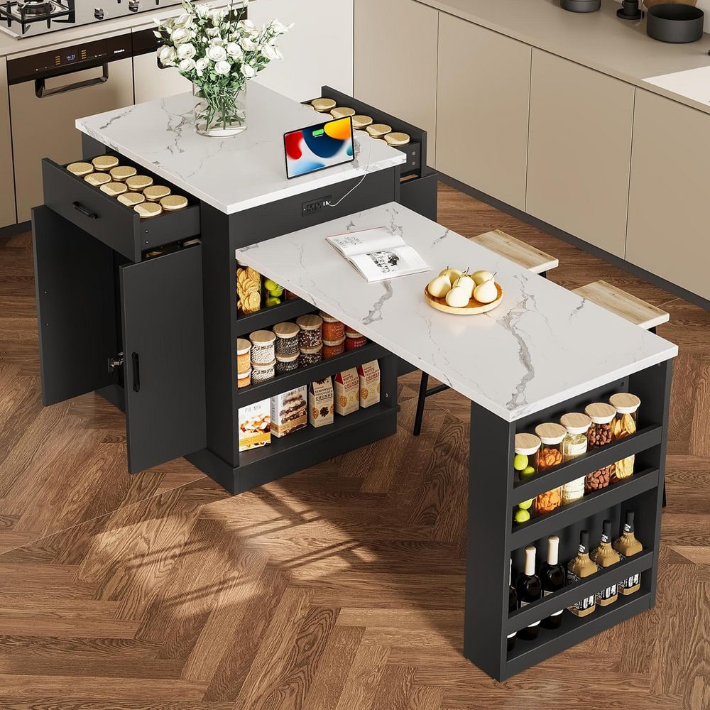Seafuloy Black MDF Wood 80.7 in. Extendable Kitchen Island Console