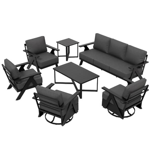 Modern 7-Piece Patio Set: 2 Lounge Chairs 2 Rocking Chairs Three-Seater Sofa Coffee Table Side Table with Gray Cushions