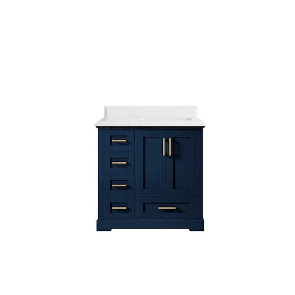Willow Collections Boston 36 in. W x 22 in. D x 36 in. H Right Offset Sink Bath Vanity in Navy Blue with 1.5" White Quartz Top