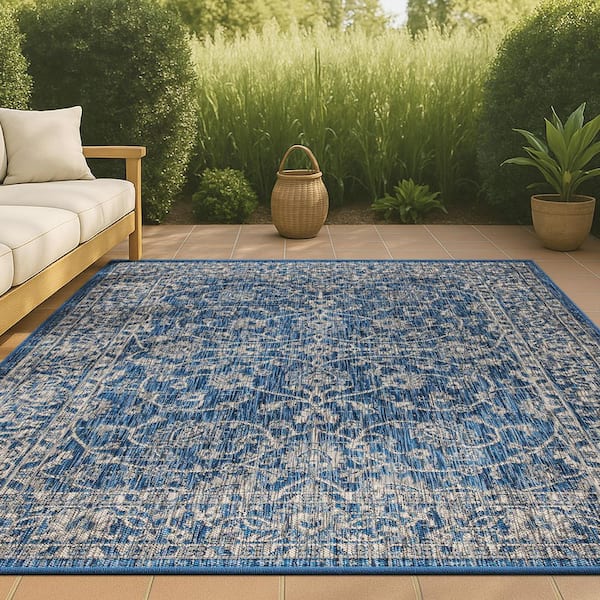 Palazzo Navy/Gray 9 ft. x 12 ft. Vine and Border Textured Weave Indoor/Outdoor Area Rug