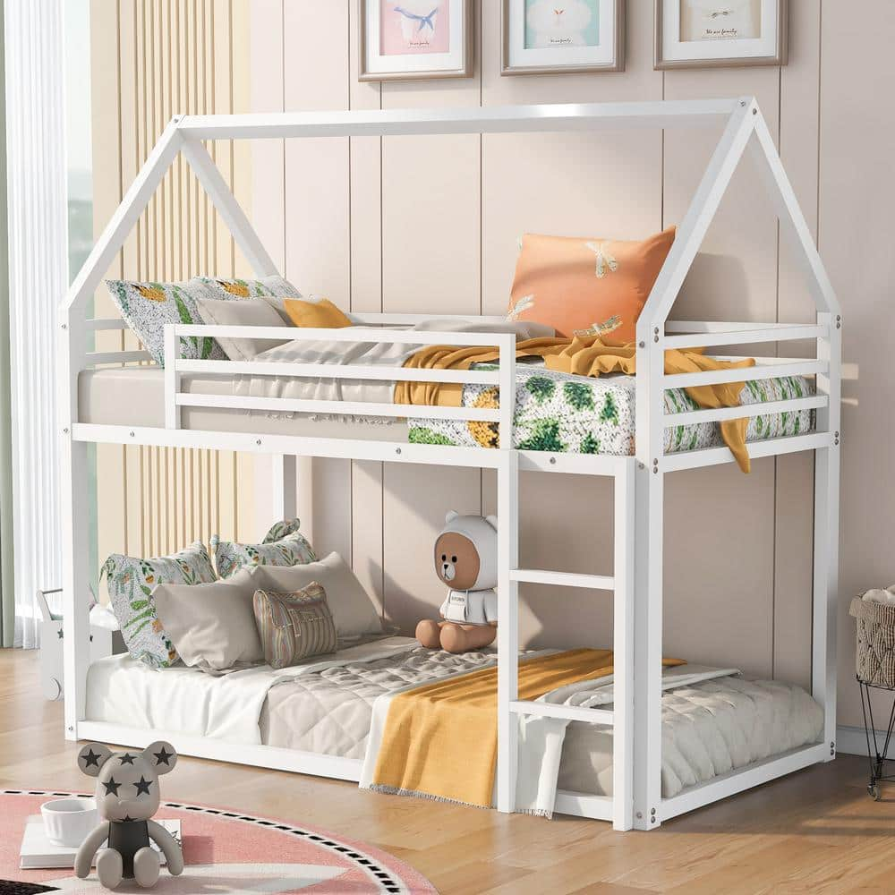 GODEER White Twin House Bunk Bed with Built-in Ladder AJ627424EEO - The ...