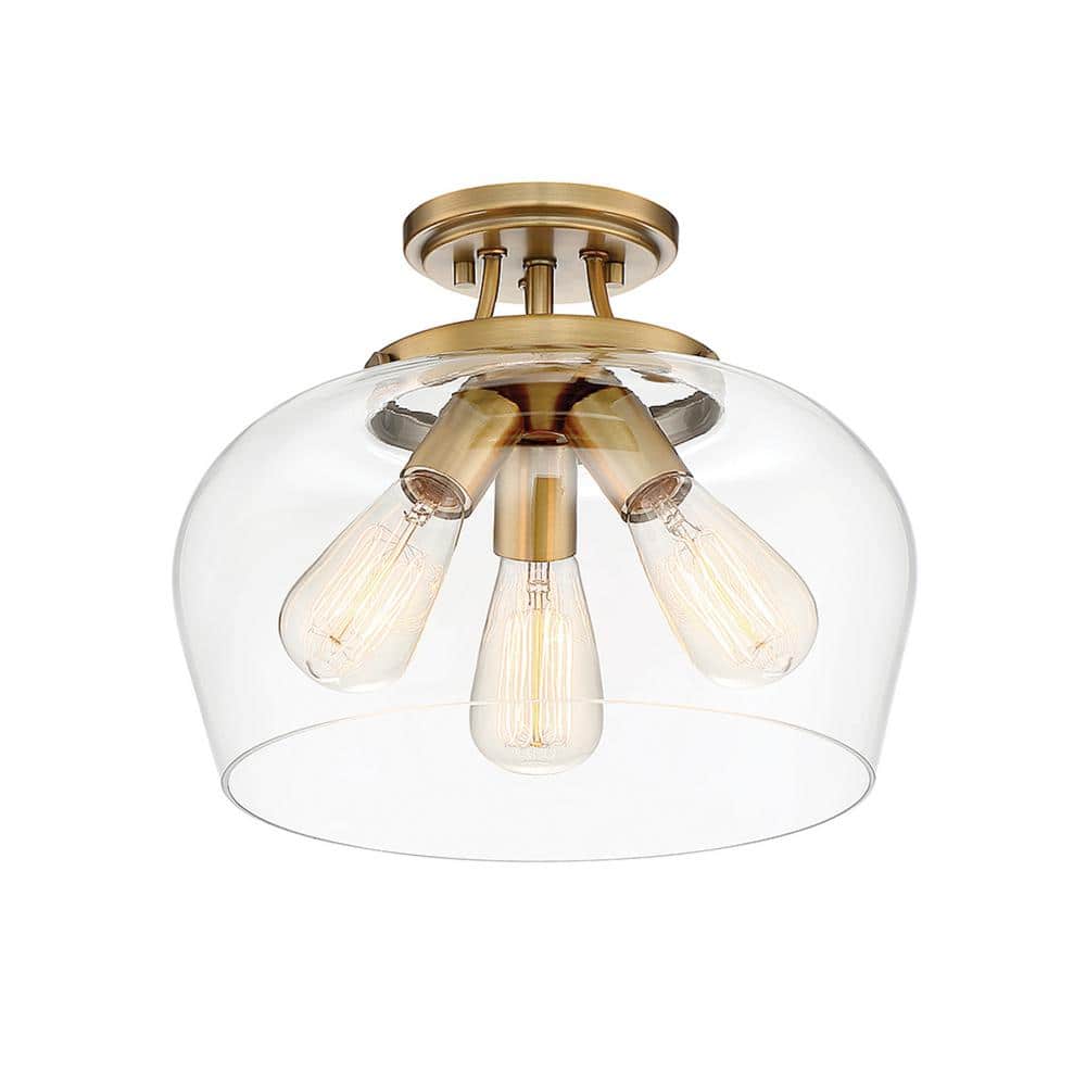 Elegant Warm Brass 3-Light Semi-Flush Mount with Curved Glass Shade