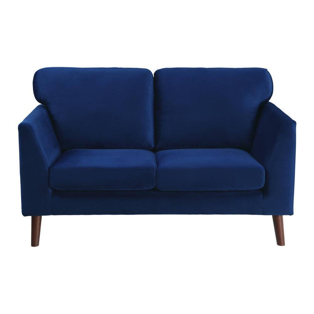 58" Blue Velvet Loveseat with Dark Brown Wood Legs