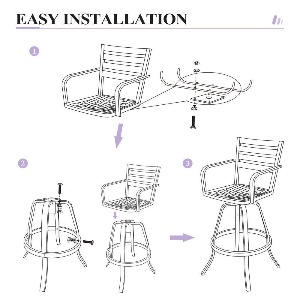 Black Cast Aluminum Swivel Bar Stools with Blue Cushions, Set of 2