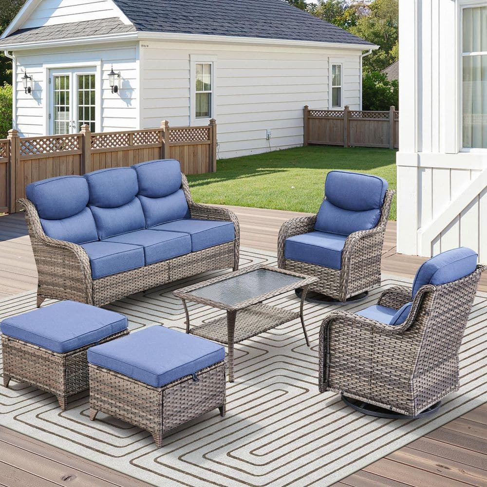 Moonluxe 6-Piece Gray Swivel Glider Wicker Patio Conversation Set with Navy Blue Olefin 6 In. Thick Cushion/Ottomans price history on PriceWatchPro