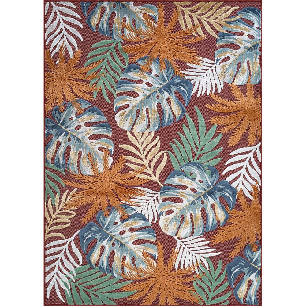Jungle Brown 9 ft. x 12 ft. Washable Tropical Floral Indoor Outdoor Area Rug