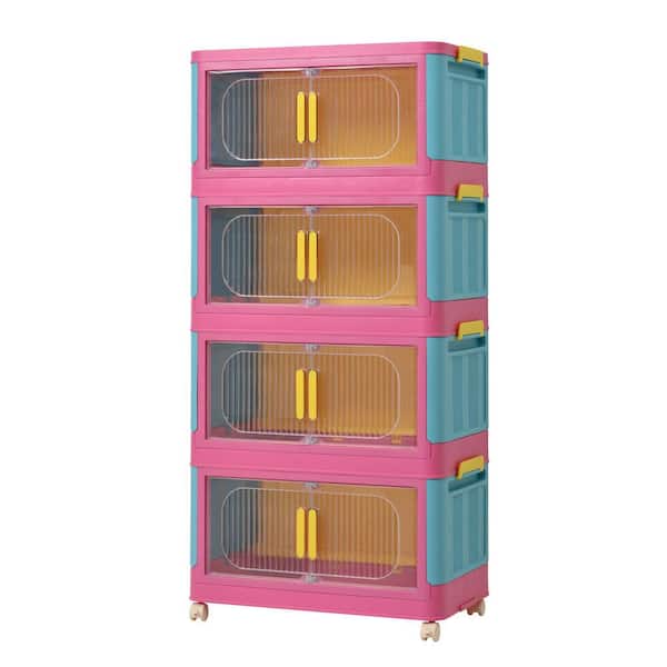 4 Tiers Kitchen Pantry, Folding Storage Cabinet, Collapsible Storage Bins with Magnetic Door and Wheels in Blue+Pink