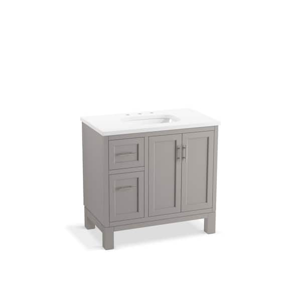 KOHLER Quo 36 in. W x 21 in. D x 36 in. H Single Sink Freestanding Bath Vanity in White with Pure White Quartz Top