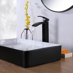Single Handle Single Hole High Arc Bathroom Faucet with Deckplate Included in Matte Black