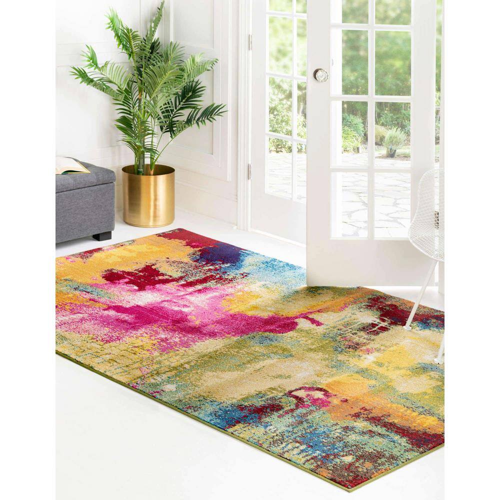 Light Blue Abstract Easy-Care Rectangular Synthetic Rug