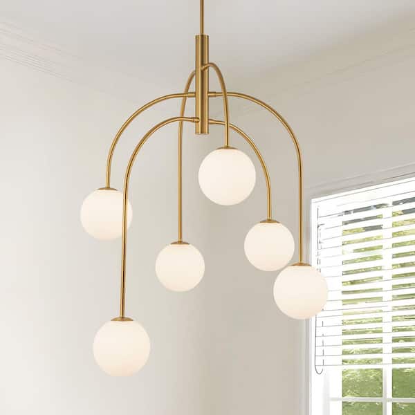 28 in. 6-Light Vintage Gold Sputnik Linear Chandelier with White Opal Glass Shades