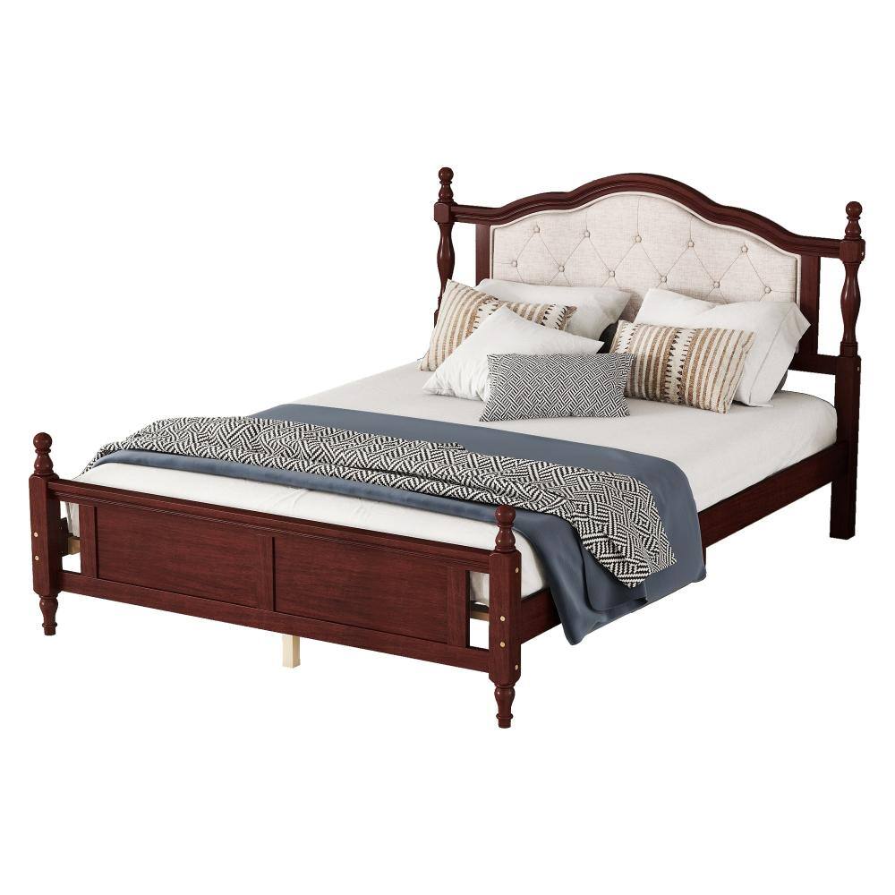 Cherry Pine Wood Frame Queen Platform Bed with Upholstered Headboard and Hidden Storage durable construction price history on PriceWatchPro